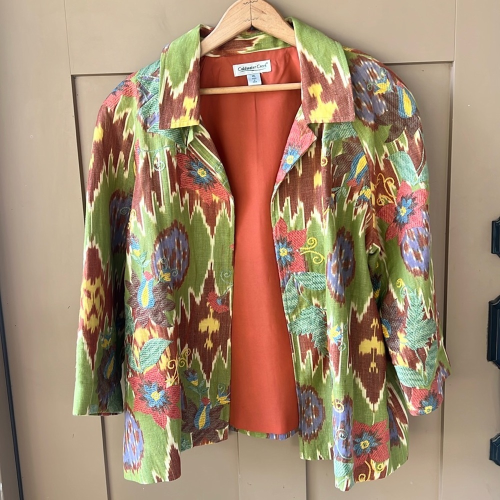 Coldwater Creek XL 3/4 Sleeve Southwestern Aztec Embroidered Blazer Lime Green